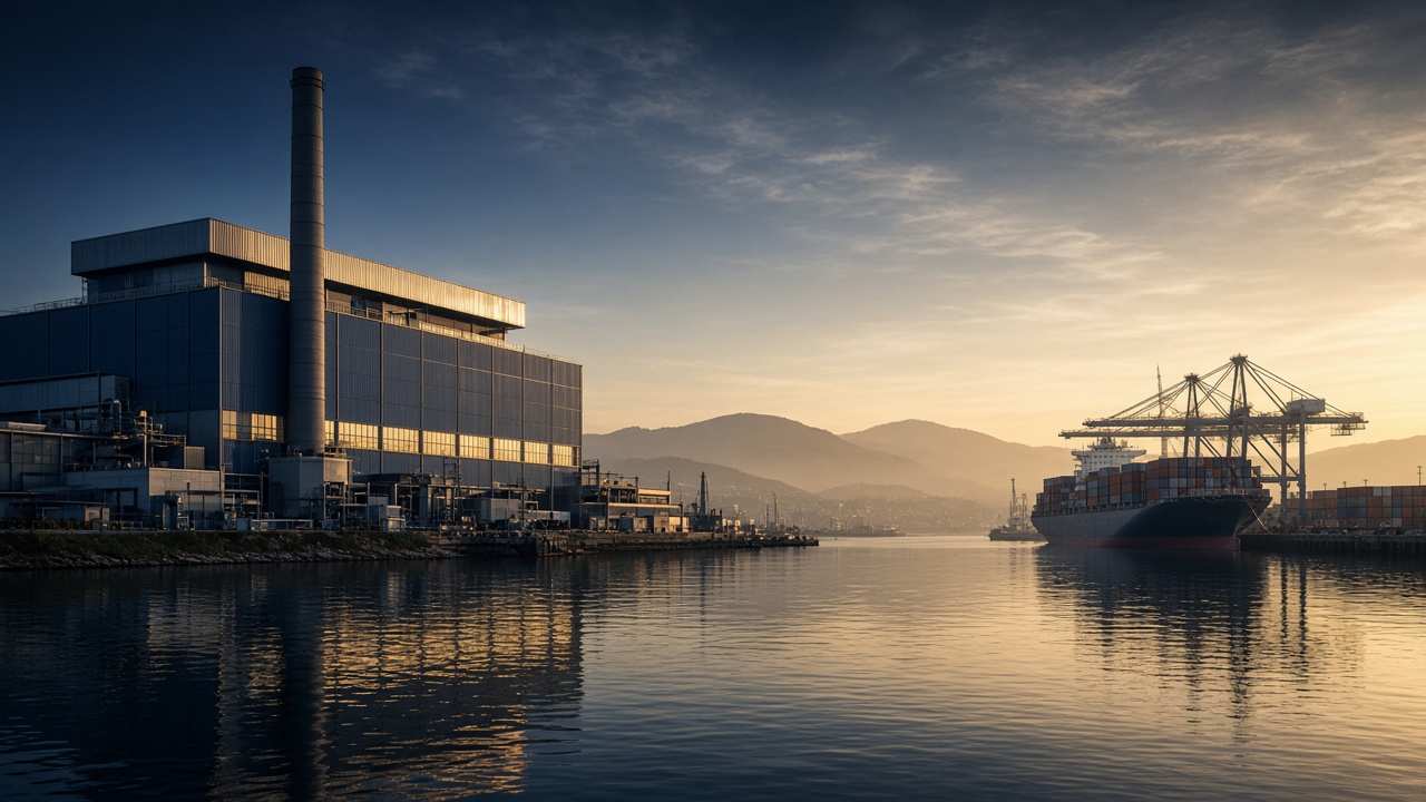 Photograph of an Indian manufacturing plant and port at sunrise, representing real operating businesses that Nexterra helps finance.